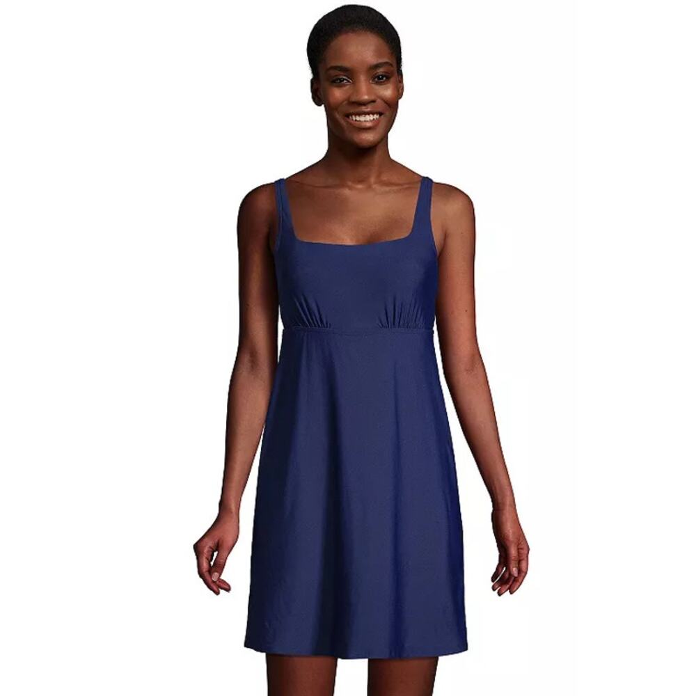 Lands' End Women's Navy Tummy Control UPF 50 Square Neck One-Piece Swim Dress 16